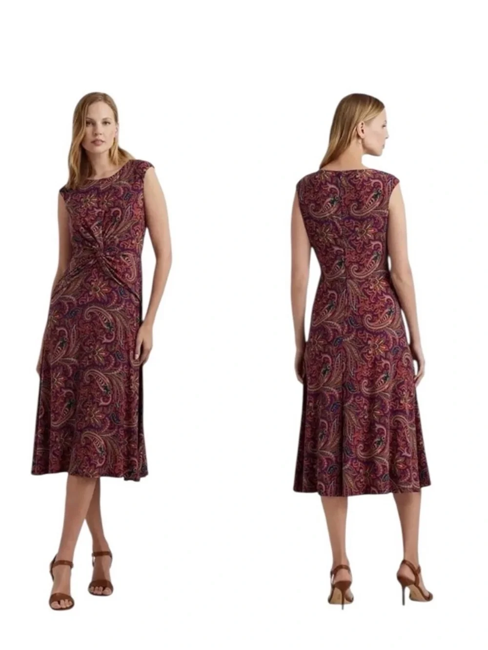 Lauren Ralph Lauren Paisley Twist Front Jersey Midi Dress Purple Green Size 12 - Picture 1 of 10
